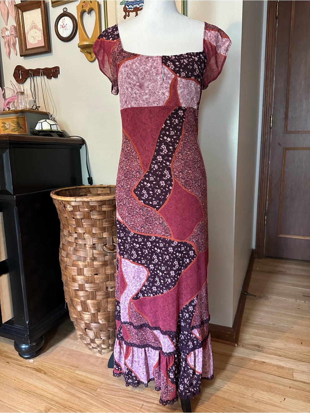 Vintage Y2K Charlotte Russe patchwork maxi dress with lace trim and ruffles